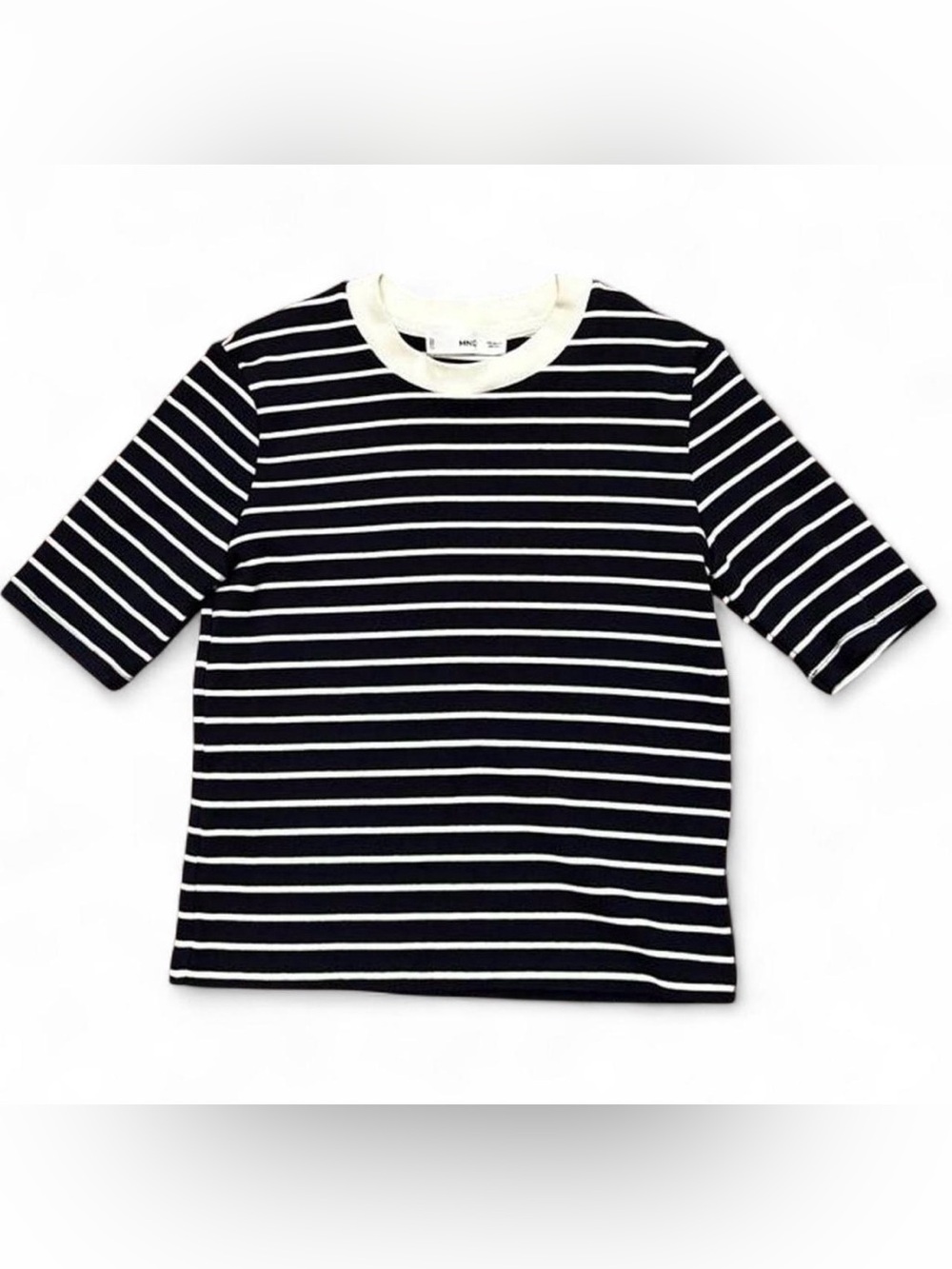 Mango Black & White Striped Medium Sleeve Tee